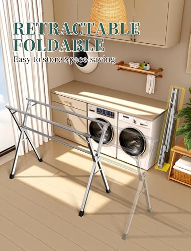 Folding Stainless Steel Laundry Drying Rack 79 Inches | Heavy-duty stainless steel, Foldable & Retractable, Holds up to 150 lbs, Includes 20 windproof hooks for indoor & outdoor use - size: 79''