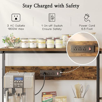 SUPERJARE Bakers Rack with Power Outlets, Microwave Stand, 39.4 X 14.3 Inch Larger Desktop, Kitchen Storage Rack with Adjustable Middle Shelf, 6 S-Shaped Hooks, Coffee Bar Stand, Rustic Brown - color: Rustic Brown, size: 39.4inch