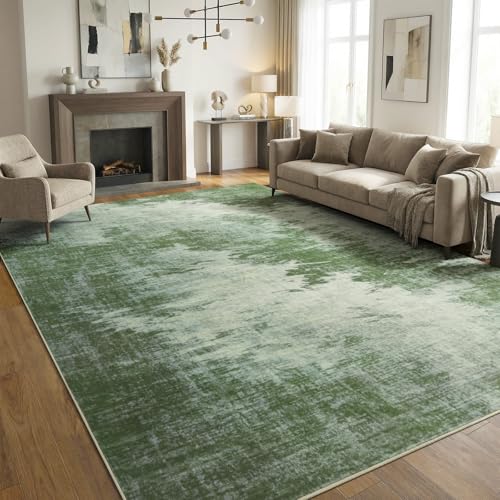 5'x7' Sage Green Faded Abstract Faux Wool Area Rug Living Room Soft | Modern Machine Wash Non-Slip Rug Throws, Kid-Friendly Low Profile Carpet for Bedroom, Kids Room, Farmhouse Under Bed, Green - color: Woodland‌, size: 5' x 7' (Rectangular)
