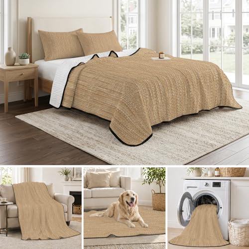 Queen Quilt Bedding Set, Minimalist Light Brown Soft Microfiber Summer Bedspread Coverlet with 2 Pillow Shams for All Season, Crosshatch Linen Textured Breathable Bedding Set for Hot Sleepers - size: Queen
