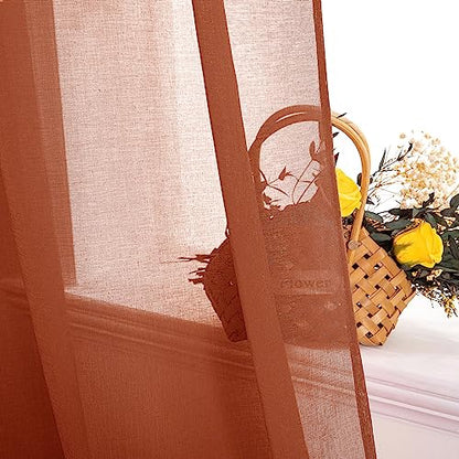 MIULEE Boho Fall Terracotta Linen Textured Sheer Curtains 42W×63L 2 Panels | Semi Transparent, Farmhouse, Window Net Panels with Rod Pocket for Bedroom Living Room - color: Terracotta, size: 42"W x 63"L (Pack of 2)