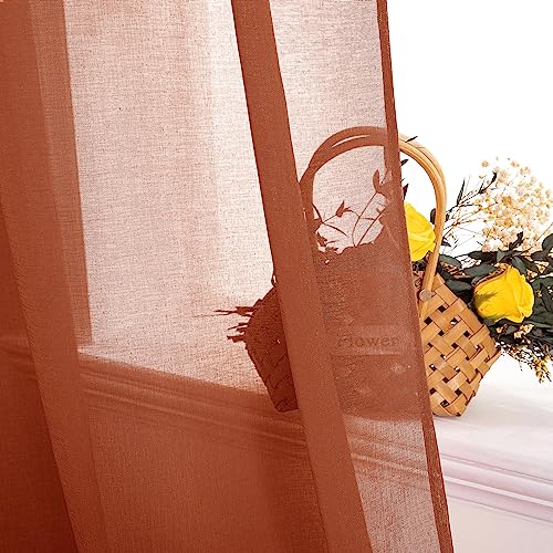 MIULEE Boho Fall Terracotta Linen Textured Sheer Curtains 54W×45L Kitchen | Semi Transparent, Farmhouse, Window Net Panels with Rod Pocket for Bedroom Living Room - color: Terracotta, size: 54"W x 45"L (Pack of 2)