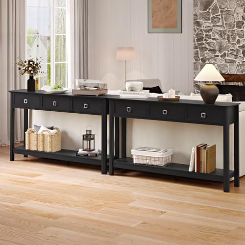 Treocho 53.1" Console Table with 3 Drawers, Sofa Table Behind Couch, 2 Tier | Long Entryway Table with Storage, Modern, For Hallway, Living Room, Black - color: Black