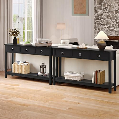 Treocho 53.1" Console Table with 3 Drawers, Sofa Table Behind Couch, 2 Tier | Long Entryway Table with Storage, Modern, For Hallway, Living Room, Black - color: Black