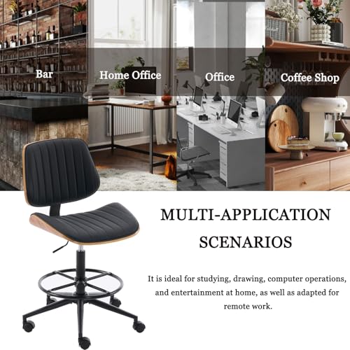 Drafting Chair for Standing Desk, Armless Tall Office Chair with Bentwood Backrest, Adjustable Height, Footrest Ring and Swivel Seat, PU Leather (Black) - color: Black