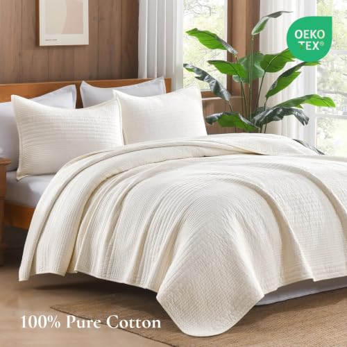 100% 면 캘리포니아 킹 아이보리 퀼트 세트, 스트라이프 퀼트 침대보 | 부드럽고 가벼운 침대보 세트, 베개 커버 2개, 침실, 게스트룸, 284.5cm x 264.2cm(112 x 104인치) - color: 와이드스티치 아이보리, size: 캘리포니아 킹 (112 x 104인치)
