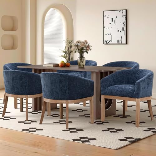 Modern Upholstered Barrel Dining Chair Set of 6, Natural Hardwood Frame, Farmhouse Linen Chairs for Dining Room, Kitchen(Blue) - color: Blue, size: Set of 6