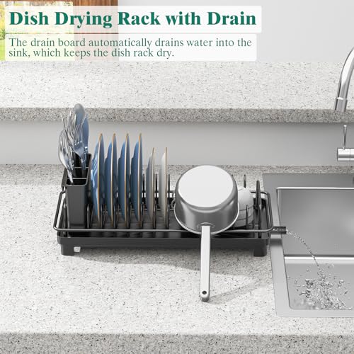 XYZLVSI Small Sink Dish Drying Rack, Compact Dish Drainer with Drainboard | Rustproof stainless steel sink dish rack ideal rv/camper, removable utensil holder, plate rack, fork & knives space saving