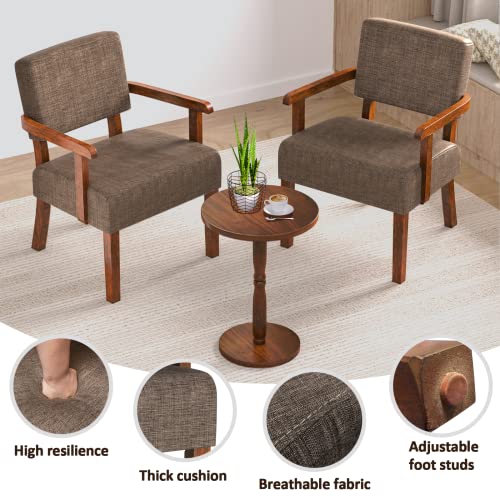 Accent Chairs Set of 2, 2 Solid Wood Armchairs with Side Table | Living Room Chairs with Soft Thicken Cushion, Comfy Reading Chair for Bedroom, Waiting Room, Home Office, Easy Assembly - color: Linen Brown, size: Set of 2 with table