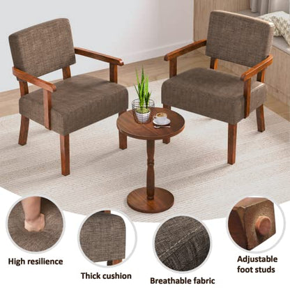 Accent Chairs Set of 2, 2 Solid Wood Armchairs with Side Table | Living Room Chairs with Soft Thicken Cushion, Comfy Reading Chair for Bedroom, Waiting Room, Home Office, Easy Assembly - color: Linen Brown, size: Set of 2 with table