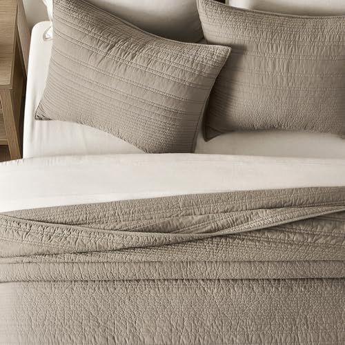 EVERGRACEHOME 100% Cotton Modern Lines Quilt Set Queen Size, Stone Taupe | Pre-Washed Soft Cotton, Striped Coverlet Bedspread, 3 Piece Lightweight Bedding Set for All Season, with 2 Pillow Shams - color: Stone Taupe, size: Full/Queen (92" X 92")
