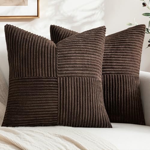 MIULEE Dark Brown Decorative Throw Pillow Covers for Couch 18x18 Inch | 2 Pack, Boho Farmhouse Pillow Covers, Soft Cross Corduroy Patchwork Textured Cushion Cases For Bed Sofa - color: Dark Brown, size: 18" x 18" (Pack of 2)