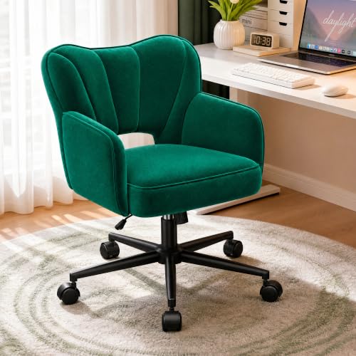 DurayLoly Desk Chair with Shell Back & 360° Swivel Wheels | Comfy Velet Vanity Chair,Adjustable Height,Stylish and Comfortable for Makeup, Work & Relaxation,Dark Green - color: Dark Green