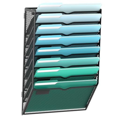 8-Tier Wall File Organizer, Hanging File Holder, Wall Mounted Mail Sorter | Metal Mesh Hanging File Organizer with Open Compartments and Label Panels for Papers and Folders at Home, Office or School - size: 8-Tier