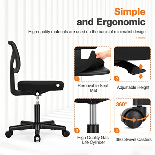 Sweetcrispy Small Armless Desk Chair, Mesh Rolling Office Chairs | Adjustable Ergonomic Lumbar Support, Low-Back, Swivel Wheels, Home Work, Bedroom, Study, Student, Adults, New Black - color: New Black