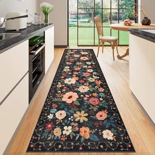 DUKINO 2x10 Runner Rug, Floral Washable Kitchen Runner Rug Non Slip, Black | Soft, Low Pile, Stain Resistant Indoor Rug Runner for Hallway, Entryway, Bedroom, Bathroom, Laundry, Pet Friendly, Home Decor - color: Black, size: 2' x 10' (Rectangular)