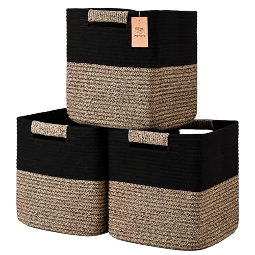 13 Inch Storage Cubes, 3 Pack Cube Storage Bins for Organizing, Cotton Rope Woven Baskets for Shelves, Bathroom, Kids Room, Closets, Baby Nursery - color: Black & Brown, size: 13"×13"×13" - 3Pcs