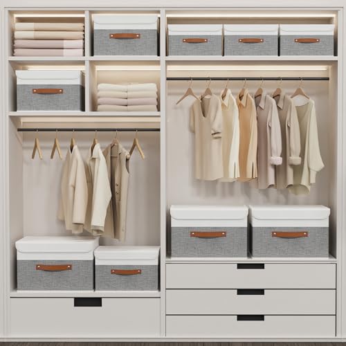 Yawinhe Fabric Storage Boxes with Lids,White/Grey,15.0x9.8x9.8in,5-Pack | Container with Leather Handle,Washable Storage Basket, Clothes Blanket Bin,Collapsible Closet Organizer for Bedroom - color: White/Grey, size: L/(5 Pack)