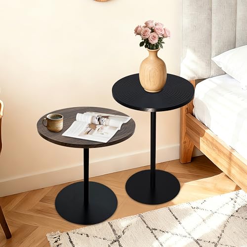 Concentric Circle Side Table Set of 2, Metal Pedestal | Nesting round tables, MDF concentric-pattern tops, metal pedestal bases, walnut brown & black