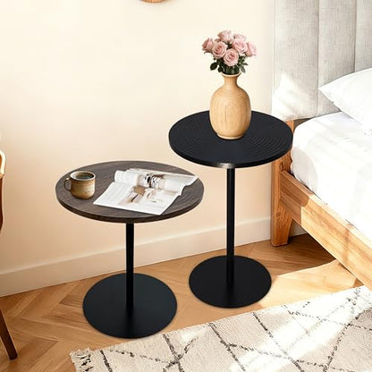 Concentric Circle Side Table Set of 2, Metal Pedestal | Nesting round tables, MDF concentric-pattern tops, metal pedestal bases, walnut brown & black