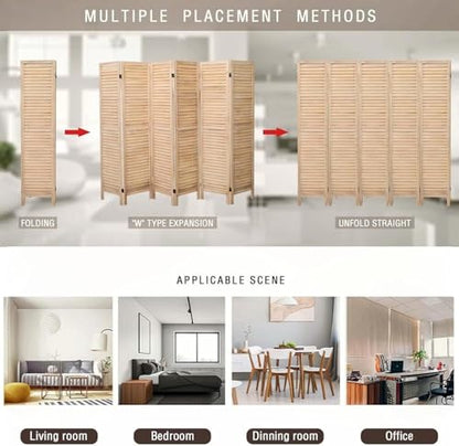 6 Panel Room Dividers and Folding Privacy Screens, Divider for Room Separation, Wood Louvered Divider Wall, Wooden Partition for Home Office Bedroom (Natural)