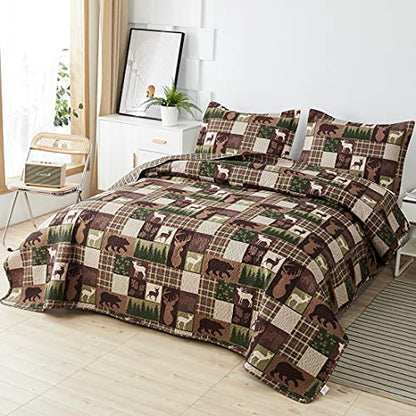 Reversible Lodge Plaid Bedding Moose Bear Quilt King Size Rustic Bedspread Cabin Coverlet Wildlife Forest Daybed Cover Summer Lightweight Bed Cover Pillow Shams - color: Brown Green, size: King(108"x96")