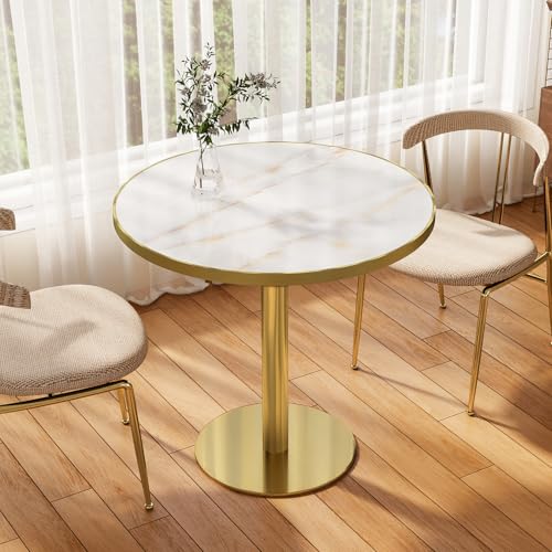 31.5" Circle Tulip Table with Sintered Stone Tabletop, Gold Edge & Pedestal | Modern Round Dining Table, Leisure Bistro Table for Kitchen, Small Places, Living Room, Cafe, Restaurant (Crystal Onyx) - color: Crystal Onyx (Golden Edge), size: Round
