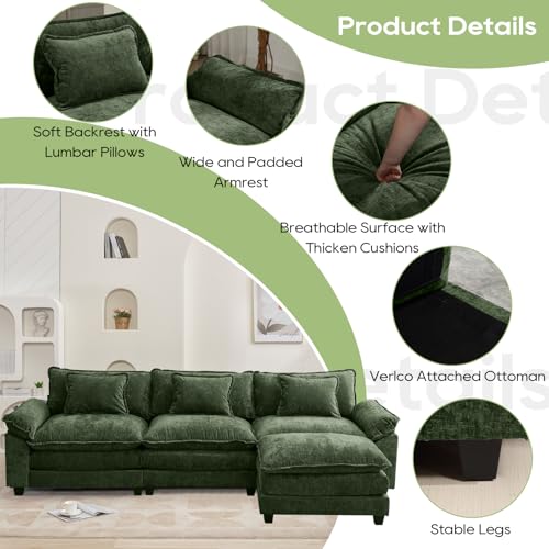 120" Modular Sectional Sofa, Comfy Deep Cloud Couch with Ottoman | L-Shaped Couches for Living Room, Modular Couch, Deep and Wide Seat, Chenille Sofa Sleeper with Throw Pillows, Green - color: Green, size: 120 Inch L