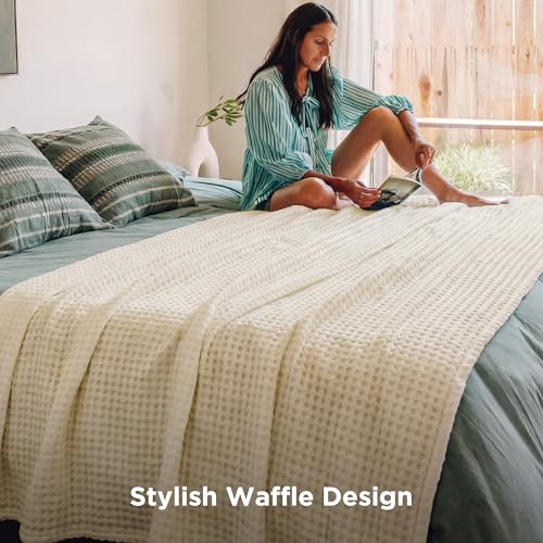 Bedsure Cooling Cotton Waffle Blanket, Natural, Queen Size, 90x90 Inches | Lightweight, Breathable, Rayon Derived from Bamboo, For Hot Sleepers - color: 01 - Natural, size: Queen (90" X 90")