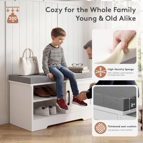 Farmhouse Shoe Storage Bench with 3-in-1 Entryway Storage & Padded Seat | 27.8" Wide Entryway Bench with Adjustable Shelves, Shoe Organizer & Side Storage Rack for Living Room, Bedroom, White - size: 27.8" Wide