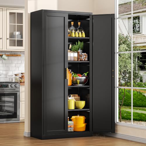 CJF Black Kitchen Pantry Cabinet,71" Tall Metal Storage Cabinet with 4 Adjustable Shelves and Doors, Freestanding Pantry Cabinet for Kitchen, Living Room, Dining Room, Bathroom, Easy to Assemble - color: Black, size: 71"Hx 28"Wx 14"D-0Drawer