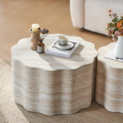 23.6''+26.7'' Set of 2 Faux Mars Pattern Round Coffee Tables, Modern Mini Side Tables Accent End Table for Apartment, Office, Living Room, (Beige Brown) - color: 23.6''+26.7'' Beige Brown