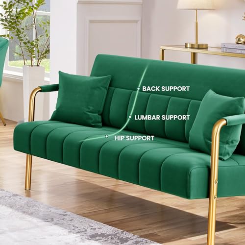 Yaheetech 56.5" Smal Sofa 2 Seater Couch with Gold-Tone Legs, Green | Small Sofa Loveseat Velve 2 Seater Couch with Tufted Back Gold Metal Frame 2 Pillows for Office, Studio,Living Room - color: Green, size: 56.5" W