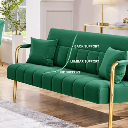 Yaheetech 56.5" Smal Sofa 2 Seater Couch with Gold-Tone Legs, Green | Small Sofa Loveseat Velve 2 Seater Couch with Tufted Back Gold Metal Frame 2 Pillows for Office, Studio,Living Room - color: Green, size: 56.5" W