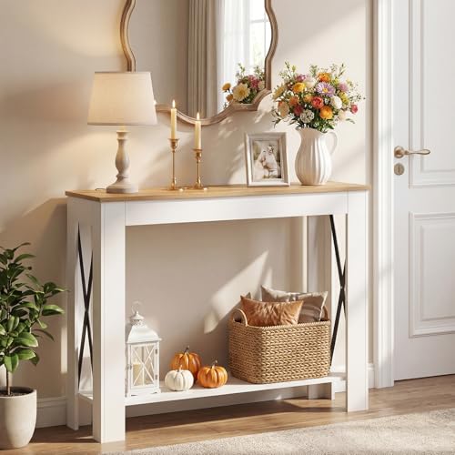 Farmhouse Console Table, 39.4'' Small Narrow Entryway Table, Wood Couch Table Behind Sofa with Storage Shelf, Slim Farmhouse Hallway Table for Hallway, Foyer, White & Light Walnut CT34WV - color: White + Light Walnut