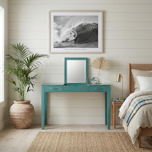 Hives and Honey Parsons Vanity Desk, Lift-Top Mirror, Storage, USB & Power Outlet, 2 Drawers, Smooth Glide, Modern Wood Grain Design, Brushed Chrome Hardware, Makeup & Dressing Table, Turquoise - color: Turquoise