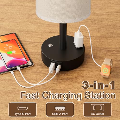 Beige Touch Bedside Lamp for Bedroom, Stepless Dimmable, USB A+C, AC Outlet | Base Touch Button Only, Memory Brightness, Ultra-dim Night Light, Included Bulb for Optimal Dimming, Beige Fabric Shade, Desk - color: Beige & Black