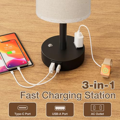 Beige Touch Bedside Lamp for Bedroom, Stepless Dimmable, USB A+C, AC Outlet | Base Touch Button Only, Memory Brightness, Ultra-dim Night Light, Included Bulb for Optimal Dimming, Beige Fabric Shade, Desk - color: Beige & Black
