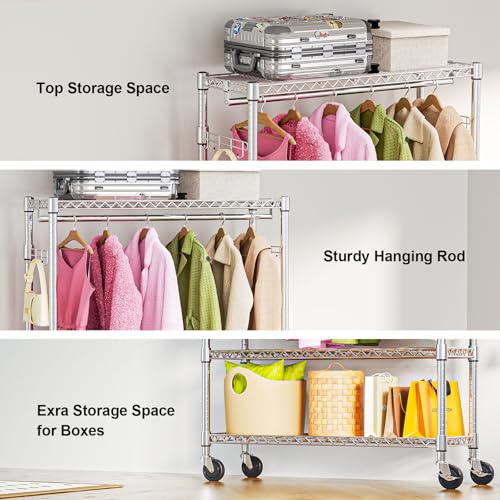 M MZG Heavy Duty Rolling Garment Rack 3 Tiers Adjustable Wire Shelving Clothes Rack with 1 Rods and Side Hooks,Storage Closet Clothing Rack with Wheels Chrome 15.7" D x 45.3" W x 75.6" H - color: Chrome, size: 3 Tier and 1 Rod 15.7"D x 45.3"W x 75.6"H