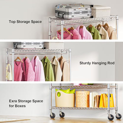 M MZG Heavy Duty Rolling Garment Rack 3 Tiers Adjustable Wire Shelving Clothes Rack with 1 Rods and Side Hooks,Storage Closet Clothing Rack with Wheels Chrome 15.7" D x 45.3" W x 75.6" H - color: Chrome, size: 3 Tier and 1 Rod 15.7"D x 45.3"W x 75.6"H