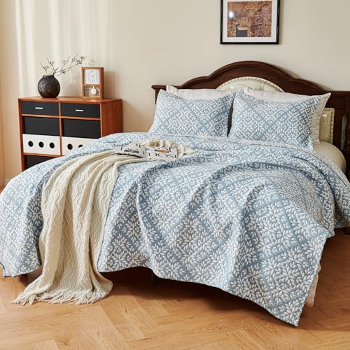 EVENHUG 100% Cotton Quilt Set King Size Bedding Sets with Pillow Shams Breathable Lightweight Bedspreads Coverlet for All Season 3 Piece (106"x96") - color: Blue White, size: King