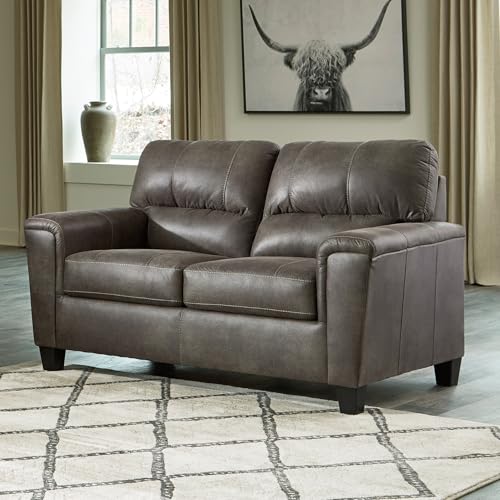 Signature Design by Ashley Modern Faux Leather Loveseat, Small Sofa, Gray | Sag-resistant proprietary platform foundation, Compact 61-inch profile for tight spaces, Navi Series - color: Grey, style: Loveseat