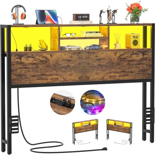 Aheaplus Headboard for Full Size Bed with Storage, Headboards with Outlets | Full Size Head Board Only, USB Ports and LED Light, Height Adjustable, Reversible, Sturdy & Stable Headboard, Rustic Brown - color: Rustic Brown, size: Full, style: Wood