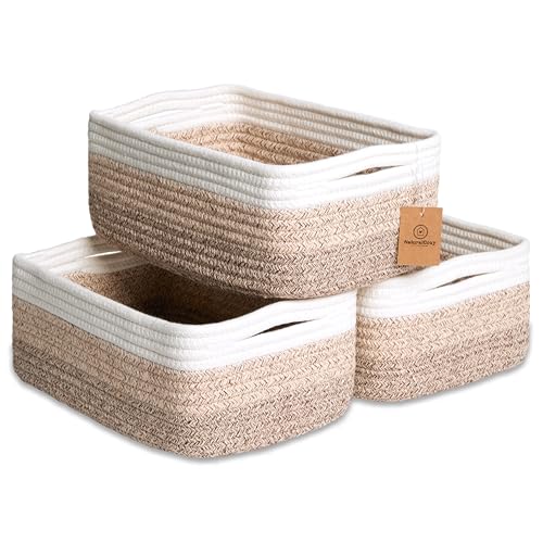 NaturalCozy 11.8"x8"x4.5” Storage Baskets for Shelves 3 Pack | Cotton Rope Woven Small Baskets for Organizing | Small Storage Bins for Nursery, Bathroom, Closet, Cube Shelf, Decorative, Gift Basket - color: 3-Tone Brown, size: 11.8" x 8" x 4.5"