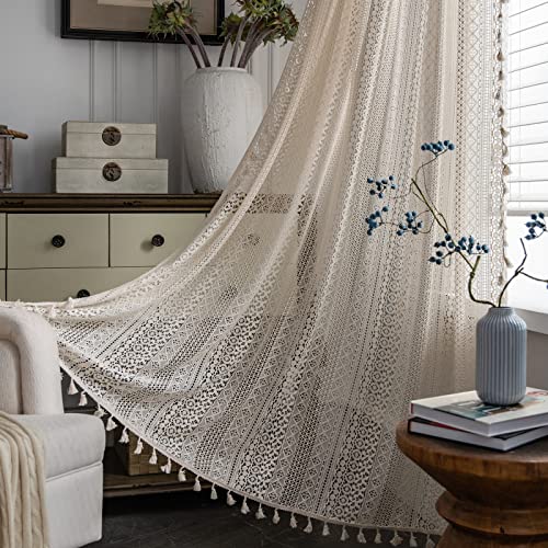 Sutuo Home Boho Curtain Crochet Lace Semi-Sheer Bohemian Hollow Knitted Handmade Tassels, Rod Pocket Window Treatment Vintage Rustic Farmhouse Drapes for Bedroom, 1 Panel 59" W x 96" L, Beige - color: Beige Crochet, size: 59"W x 96"L (Pack of 1)