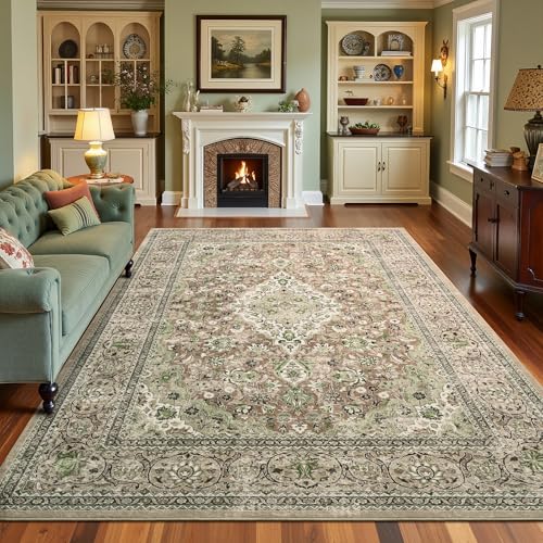Green Washable Boho Area Rug, 6x9 Vintage Floral Non Slip Rugs for Living Room Bedroom, Soft Low Pile Indoor Mat, Aesthetic Pattern Carpet for Kitchen and Dining Room - color: Green, size: 6' x 9' (Rectangular)