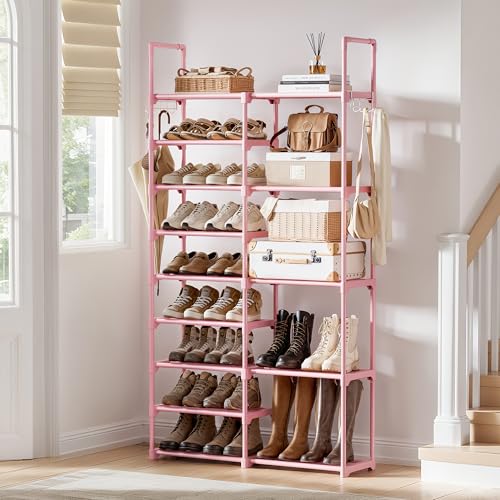 WOWLIVE 9 Tier 2-Column Shoe Rack, 30-35 Pairs Stackable Pink | Compact 33.75in Long Fits Narrow Spaces, Removable Layers for Boots Heels, Split Design for Flexible Layout - color: Pink, size: 2 Row 9 Tier