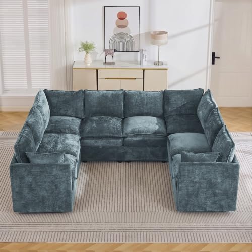 105" Blue Oversized Modular Storage Sofa, U Shaped Chenille Cloud Couch | Oversized Convertible Sectional Sofa, 8-Seat Sectional Couch With Armrests, Large Cloud Couch For Living Room, Apartment. - color: Blue, size: 105"U-Shape Sofa