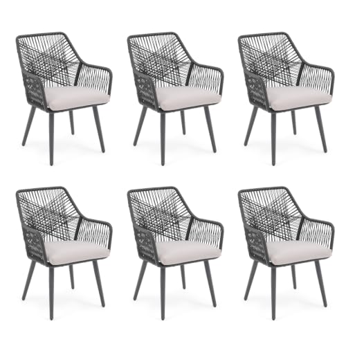 Patio Dining Chairs Set of 6, Woven Patio Chairs with Armrest, Black | All-Weather Woven Rope Rattan & Iron Frame, w/Seat Cushions,350lb Weight Capacity, for Backyard, Deck, Indoor Dining Kitchen - color: Black & Cross Back, size: 6 Pcs-Dining Chairs
