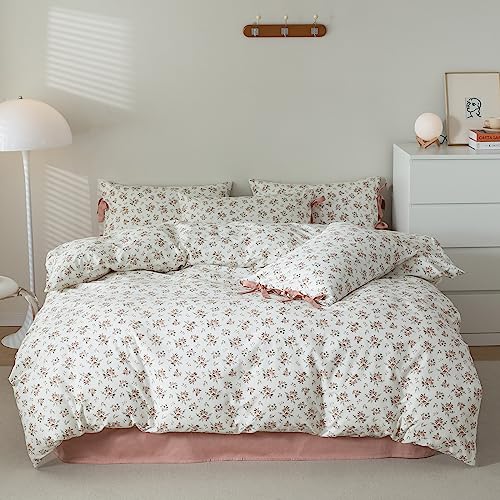mixinni Vintage Style Girls Pale Pink Flower Pattern Duvet Cover Twin Soft Aesthetic Floral Cotton Bedding Set 1 Duvet Cover with 2 Bow Tie Pillowcases for Women-Twin Size - color: A2 # Bowknot - Blush Pink Floral, size: Twin(68" x 86")